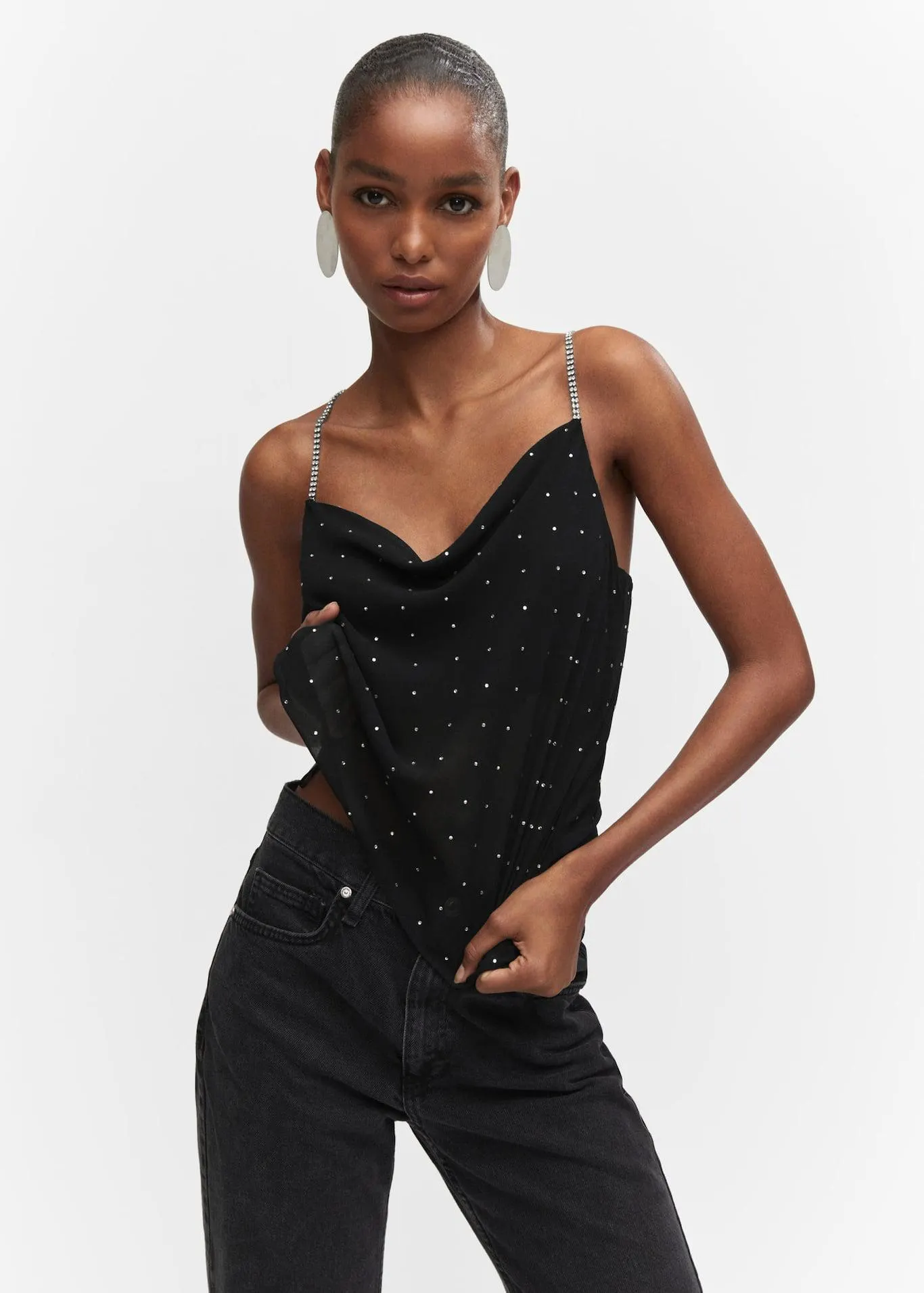 Top strass col drapé