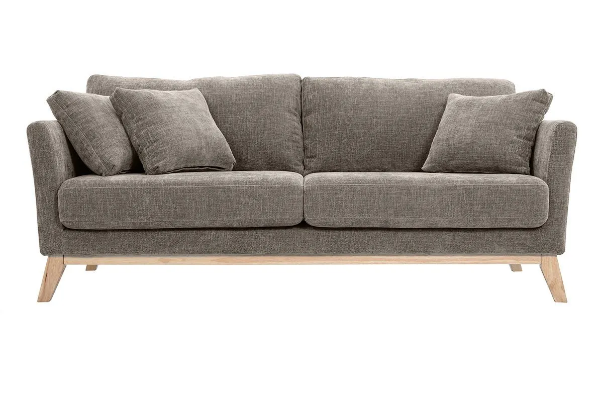 Canapé scandinave déhoussable 3 places en tissu effet velours texturé taupe et bois clair OSLO