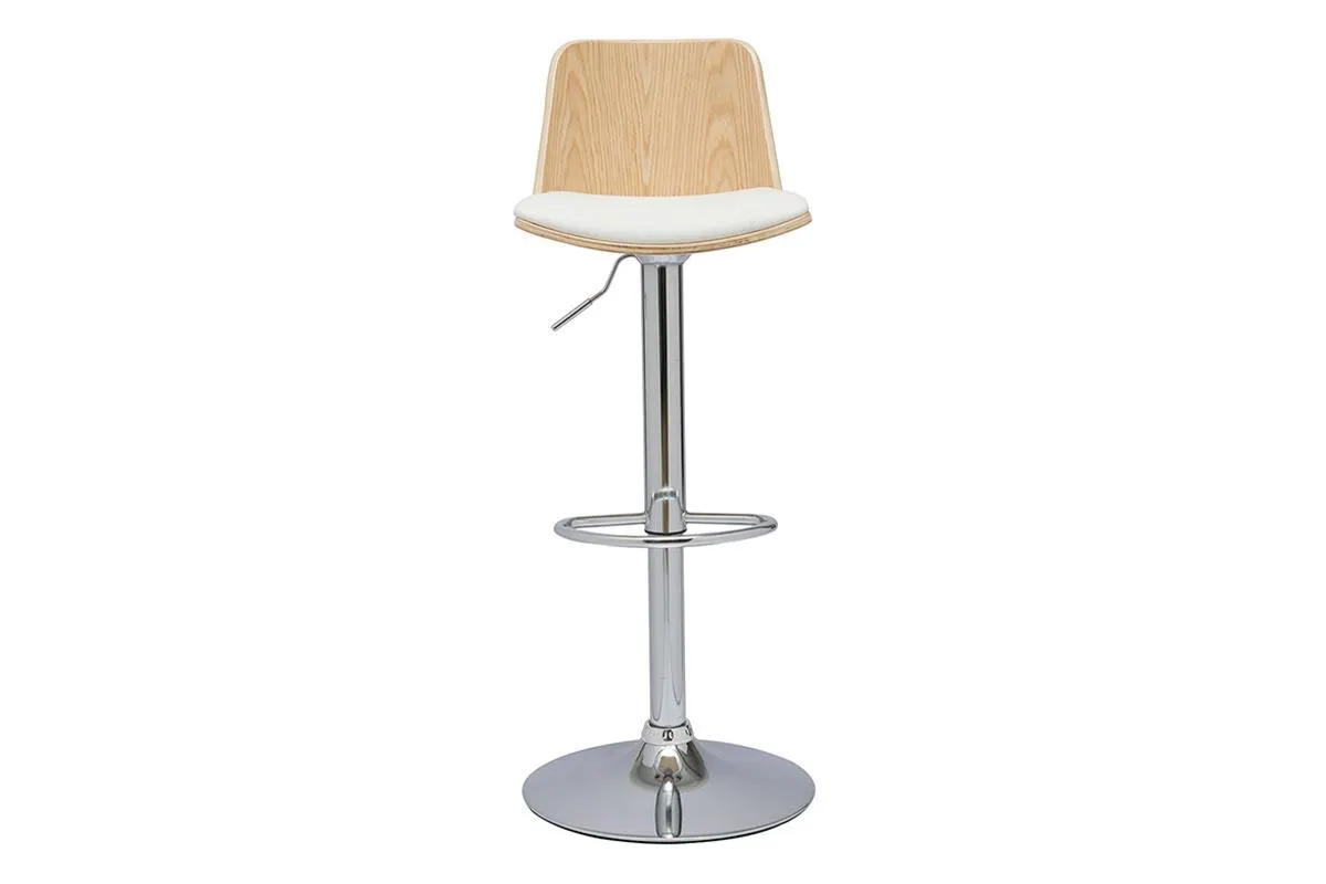 Tabouret de bar réglable blanc, bois clair et pied chromé DOA