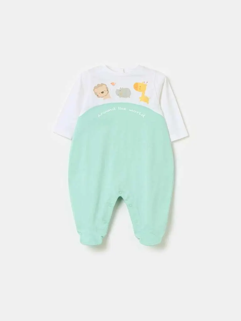 Organic cotton onesie with feet and print Blanc/vert aqua