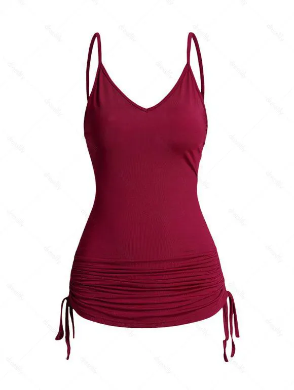 Camisole Ruché à Bretelle Ajustable en Couleur Unie sans Manches
