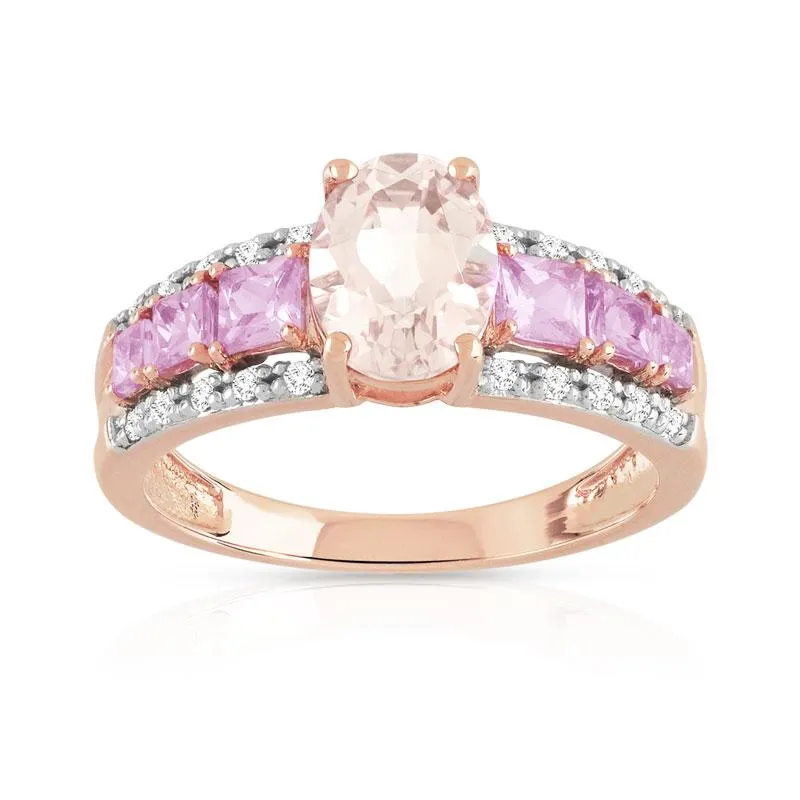 Bague or 375 rose pierres fines et diamants