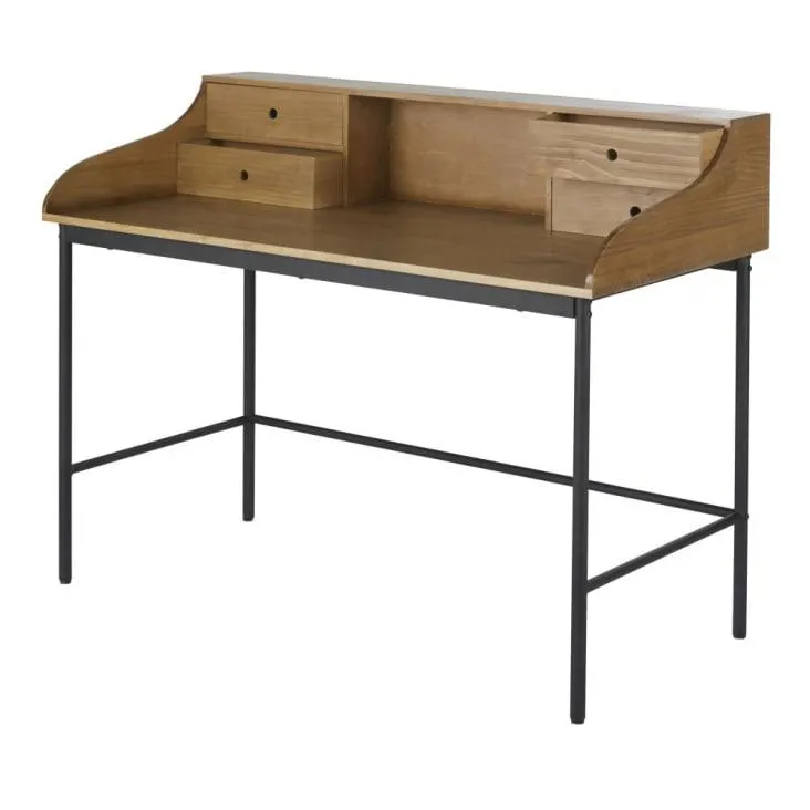 Escritorio con 4 cajones y 1 hueco de madera de pino y metal negro