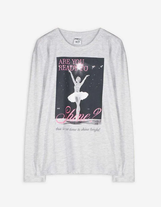 Tričko s dlouhým rukávem - Třpytivý potisk - svetle šedá