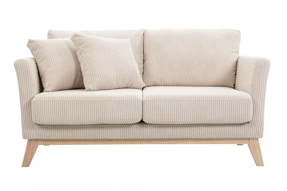 Canapé scandinave déhoussable 2 places en tissu velours côtelé et bois clair OSLO