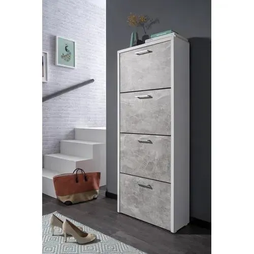 Meuble à chaussures 4 abattants BYBO Imitation béton et blanc