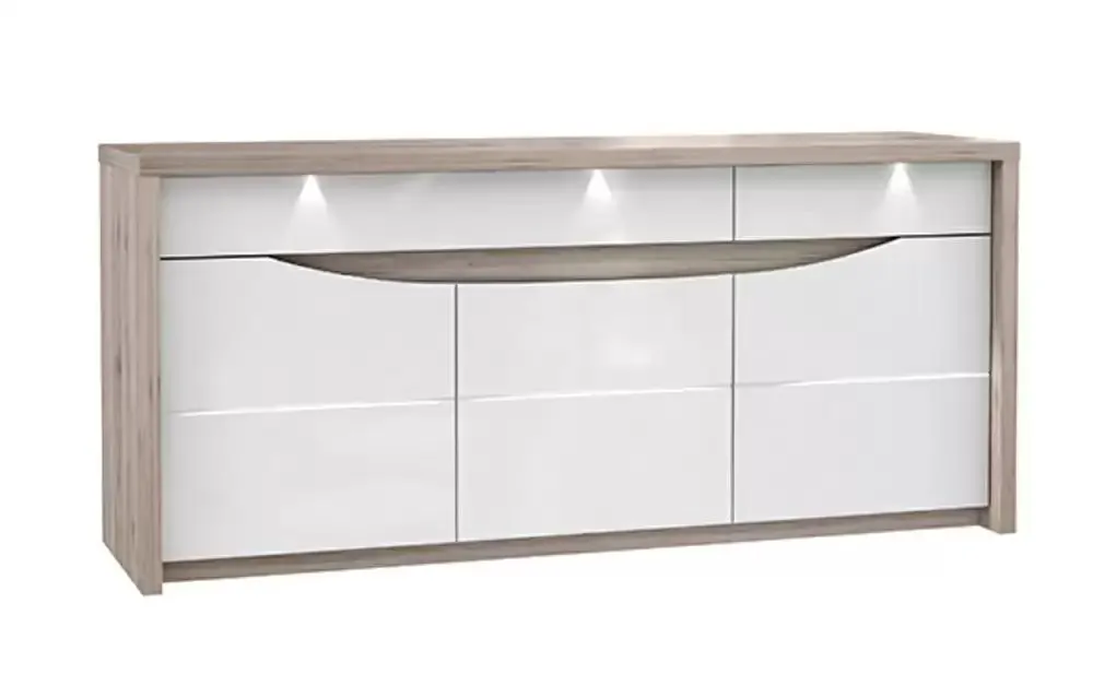 Bahut 3 portes et 2 tiroirs Saint tropez chene cendré/blanc brillant