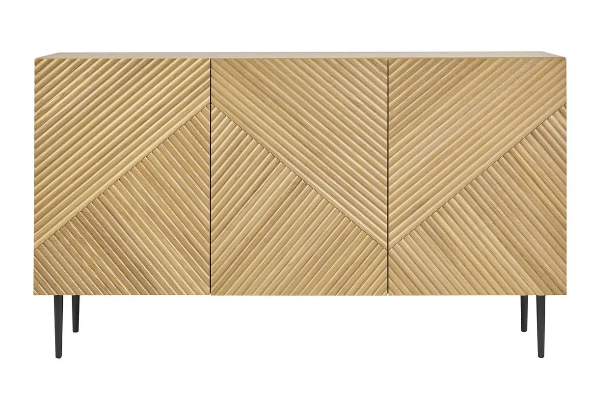 Buffet design en bois clair chêne massif gravé et métal noir 3 portes L135 cm ARCHIPEL