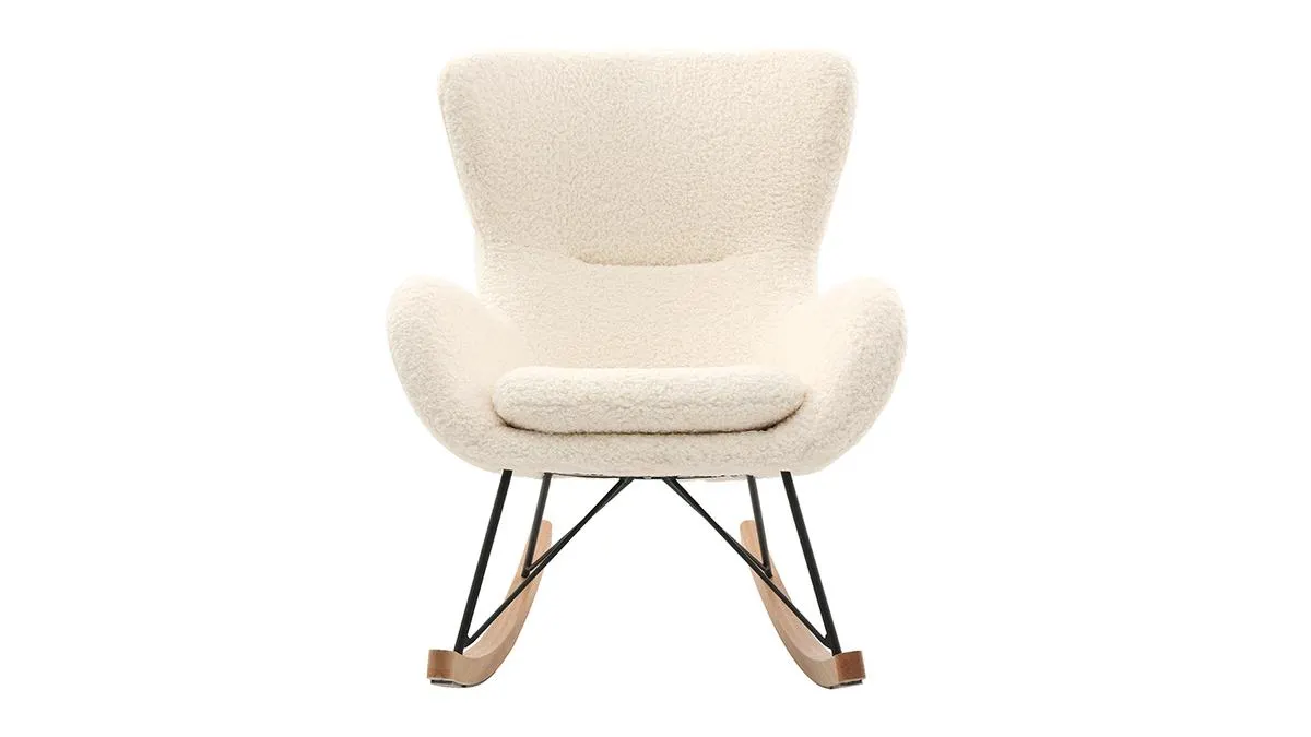 Rocking chair scandinave en tissu effet peau de mouton blanc, métal noir et bois clair ESKUA