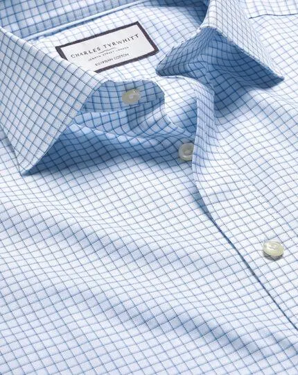 Semi-Cutaway Collar Egyptian Cotton Check Shirt - Ocean Blue