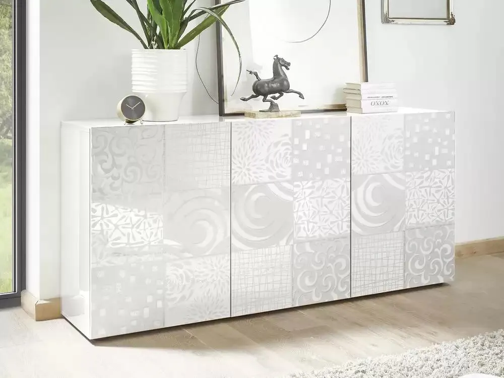 Bahut 3 portes Miranda laqué blanc sérigraphié