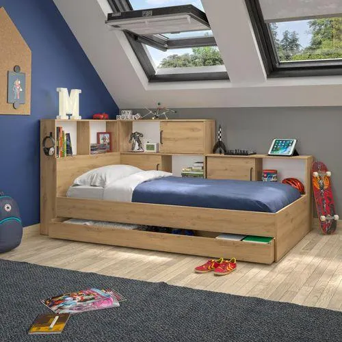 Lit 90x200 cm ERWAN avec rangements imitation chêne artisan