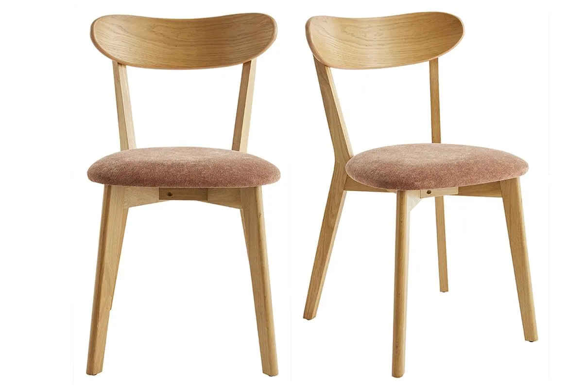 Chaises vintage en bois clair chêne et tissu effet velours terre brûlée (lot de 2) DOVE