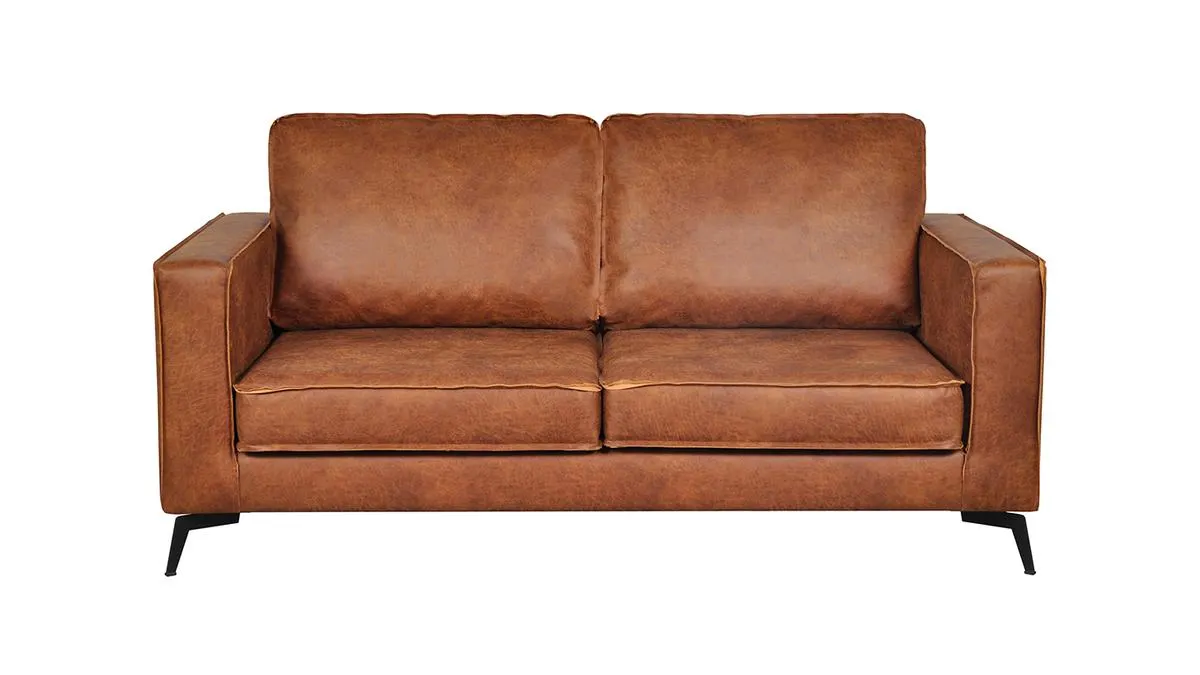 Canapé vintage 2-3 places cuir marron cognac aspect vieilli et métal noir SONNY