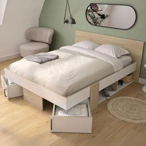 Lit 140x190 cm avec rangements SWIVEL imitation chêne et blanc