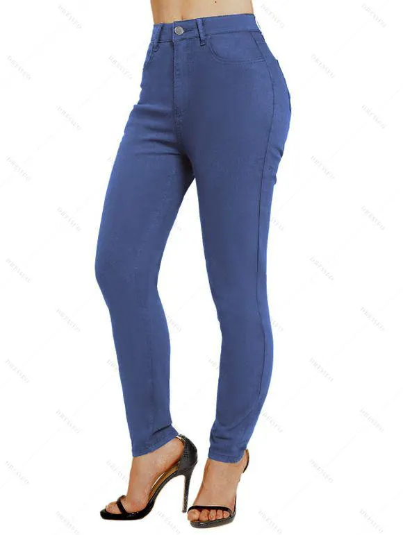 Jean Crayon Décontracté Zippé Long en Couleur Unie en Denim