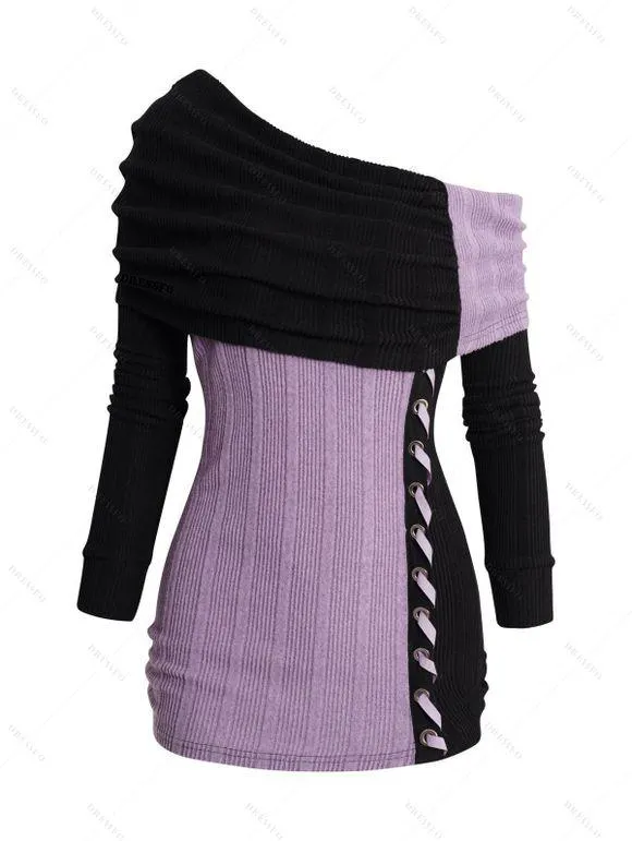 Haut Tricoté en Blocs de Couleurs Plissé à Col Oblique à Volants