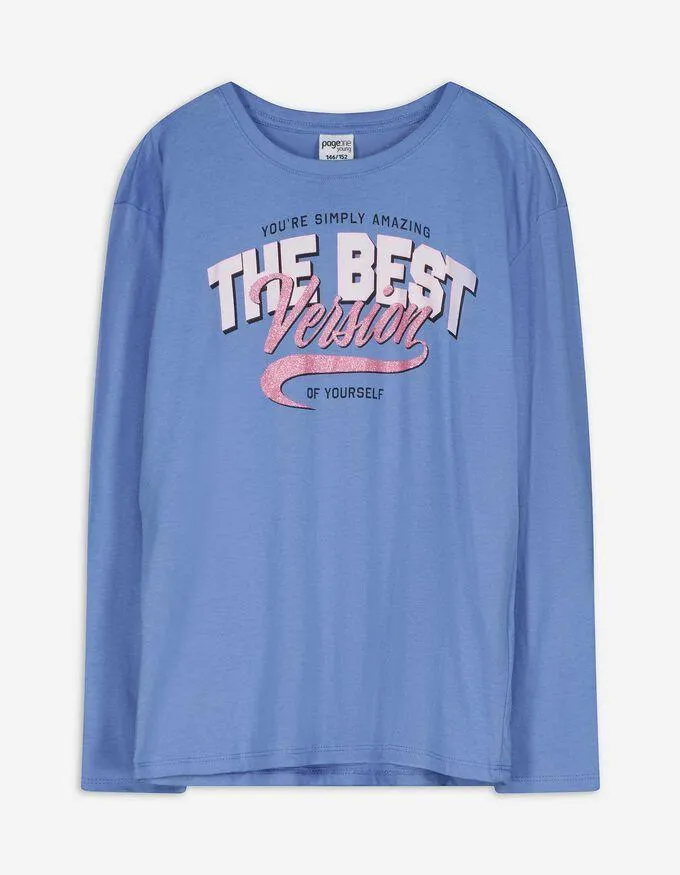 Tričko s dlouhým rukávem - Třpytivý potisk - modra