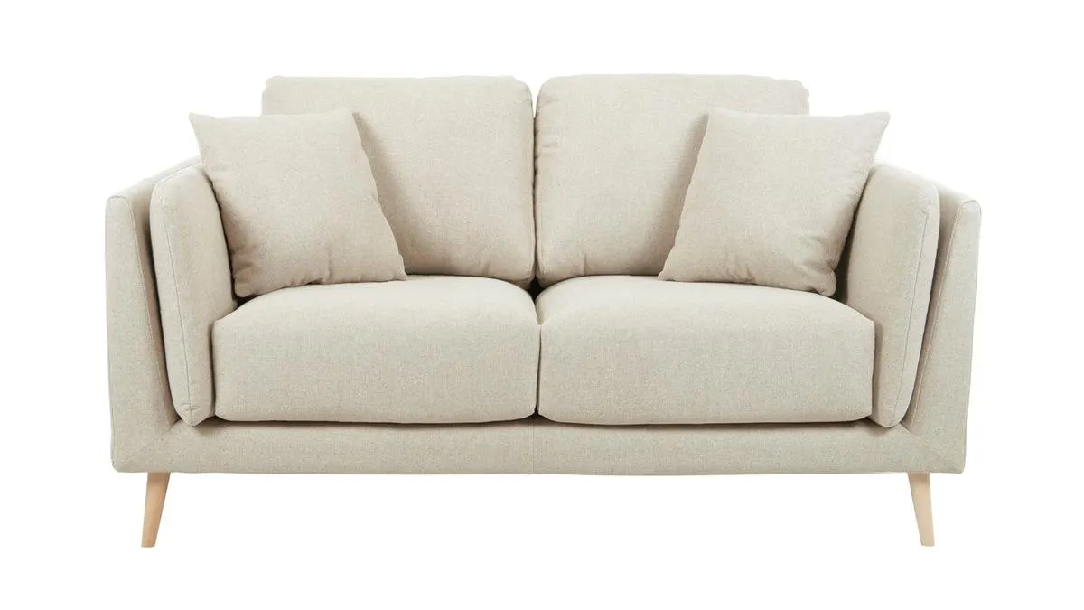 Canapé scandinave 2 places en tissu beige naturel et bois clair VOGUE