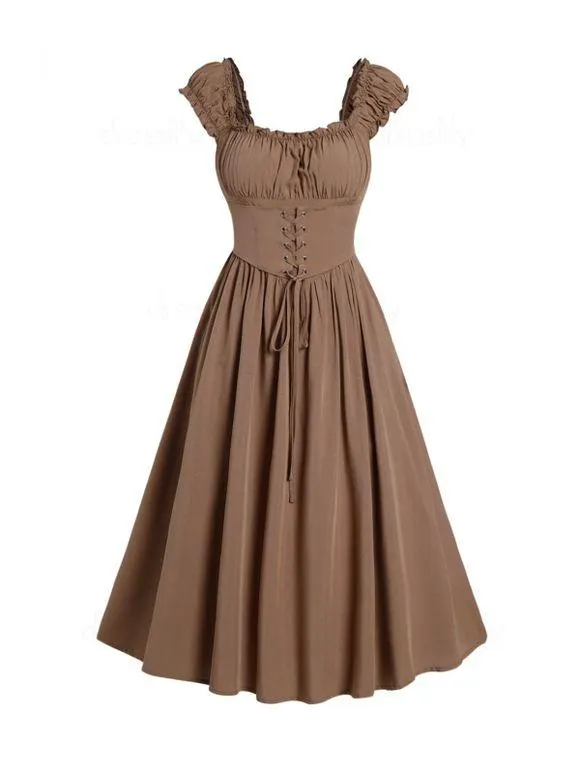 Robe Vintage Mi-Longue Taille Haute à Lacets à Volants à Col Carré