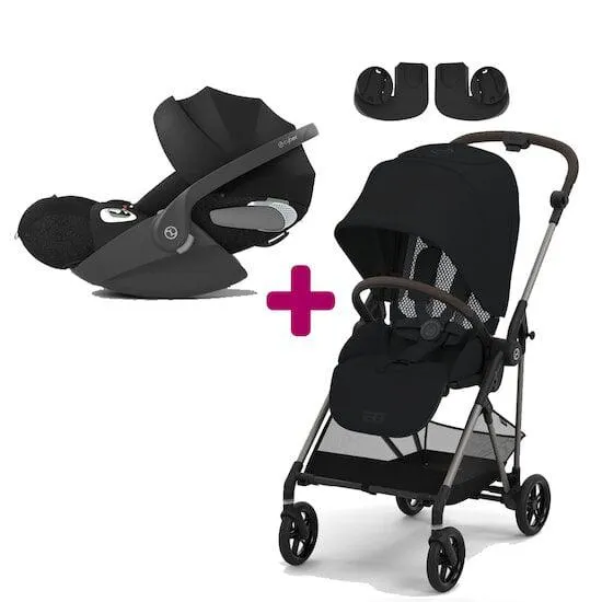 Pack poussette duo Melio 3 Moon Black + Coque Cloud T i-Size Sepia Black + adaptateurs coque de Cybex