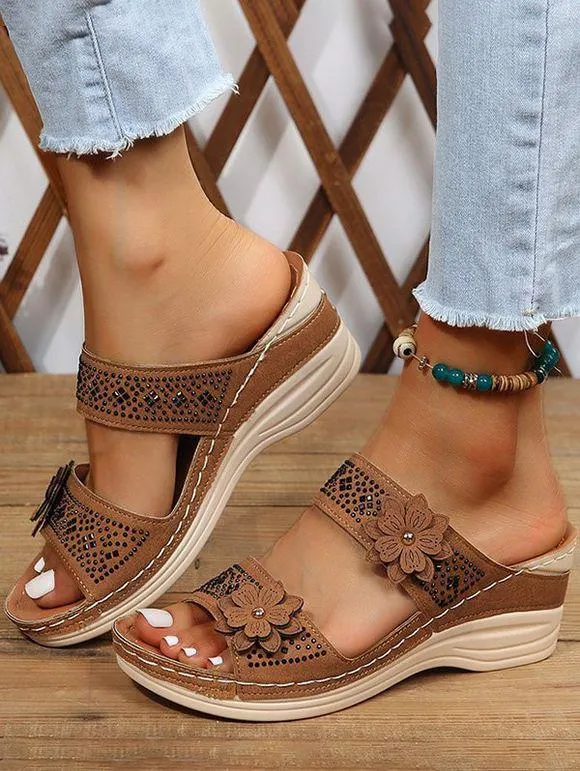 Flowers Breathable Peep Toe Slip-On Beach Wedges Sandals