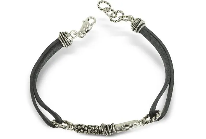 Bracelet en Cuir Noir et Ornement Etrusque en Argent Sterling