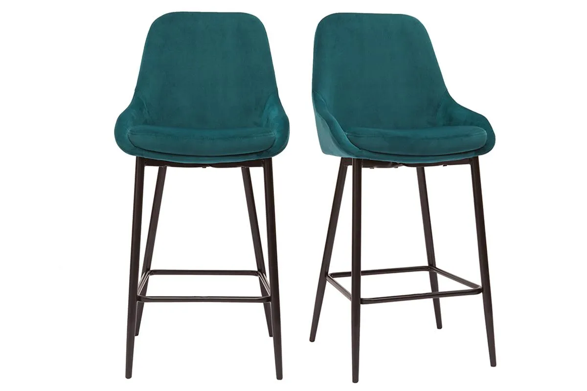 Tabourets de bar en tissu velours bleu pétrole et métal noir H65 cm (lot de 2) HOLO