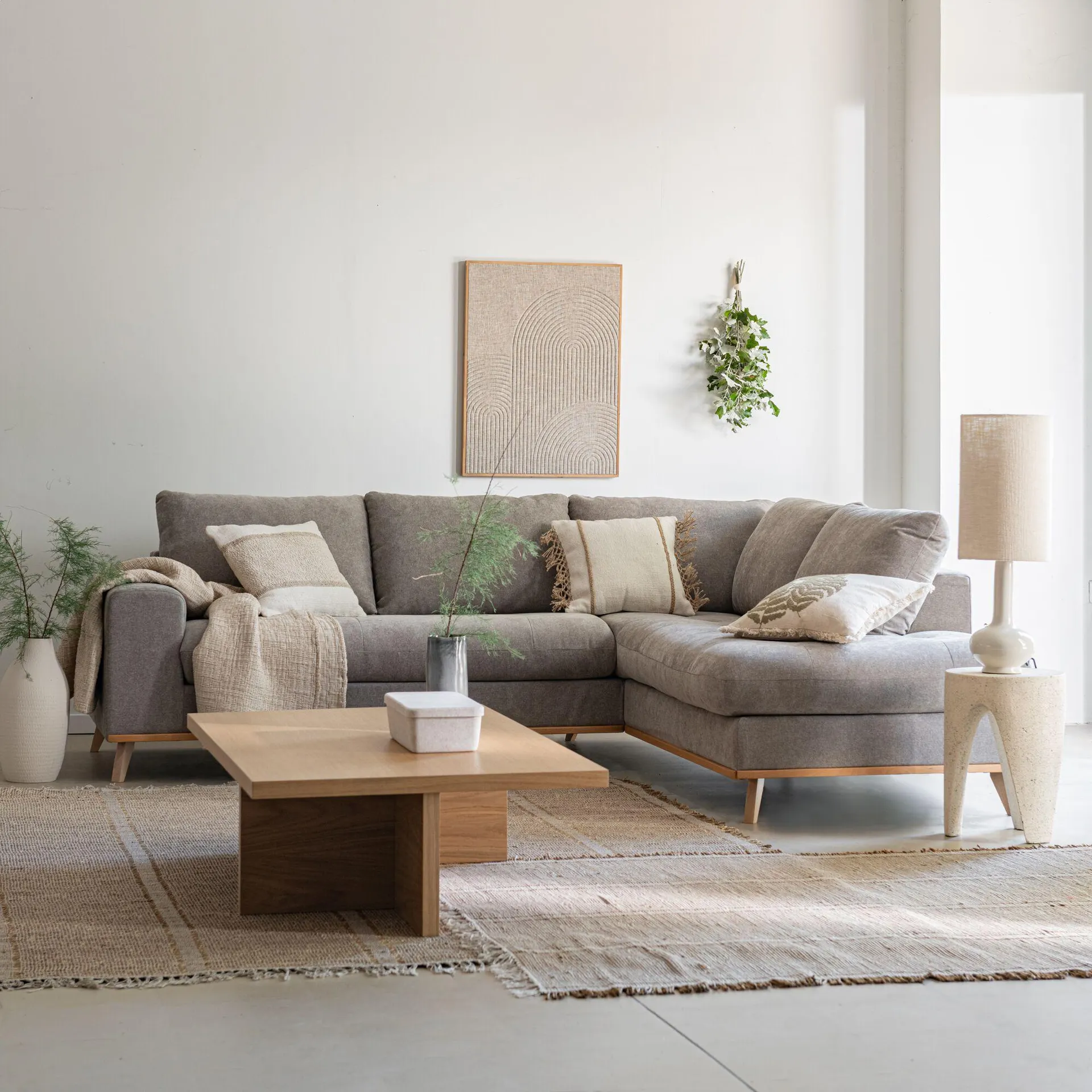 Canapé d'angle droit fixe en tissu storm - taupe