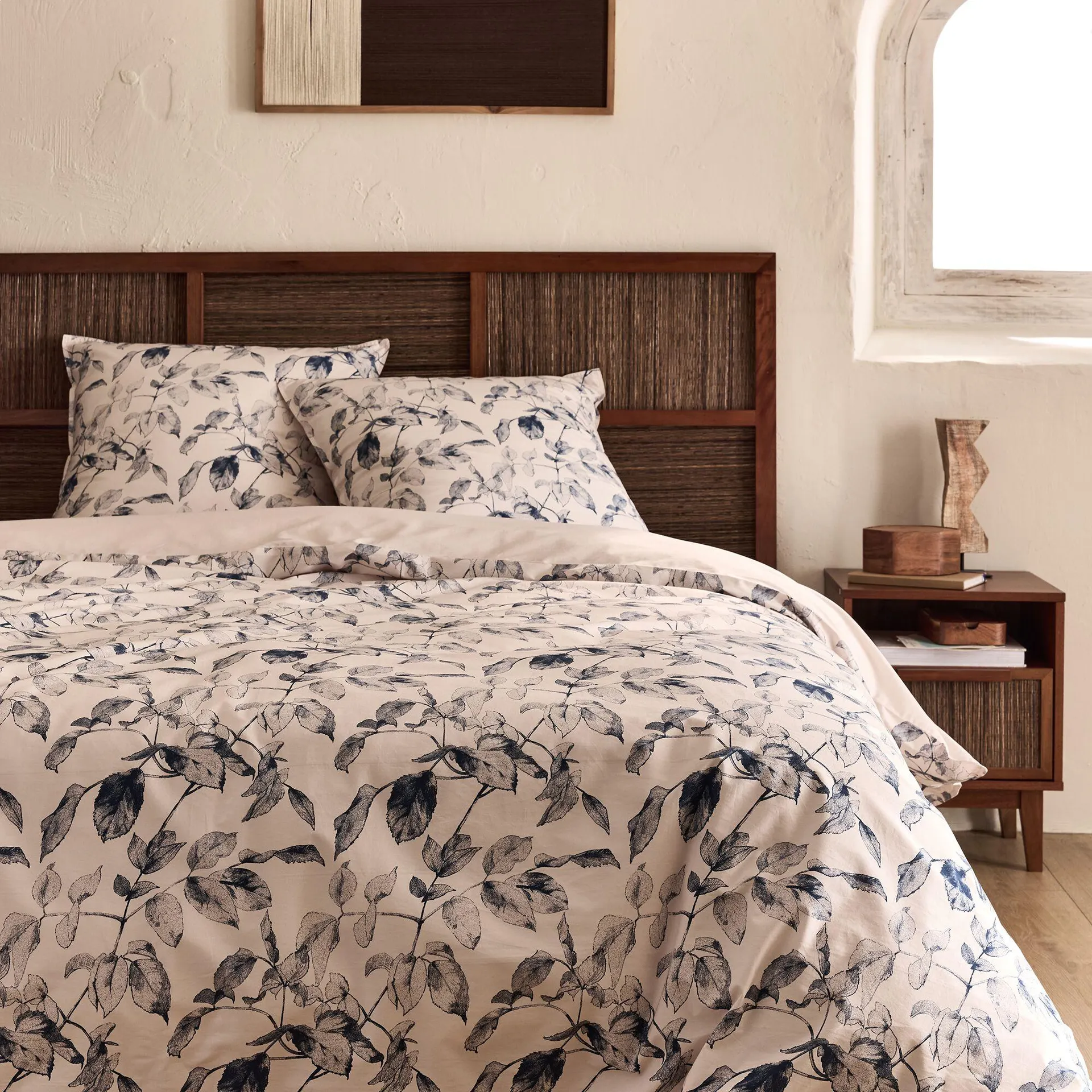 Housse de couette 240x220cm et 2 taies d'oreiller 63x63cm en percale de coton motif végétal - bleu