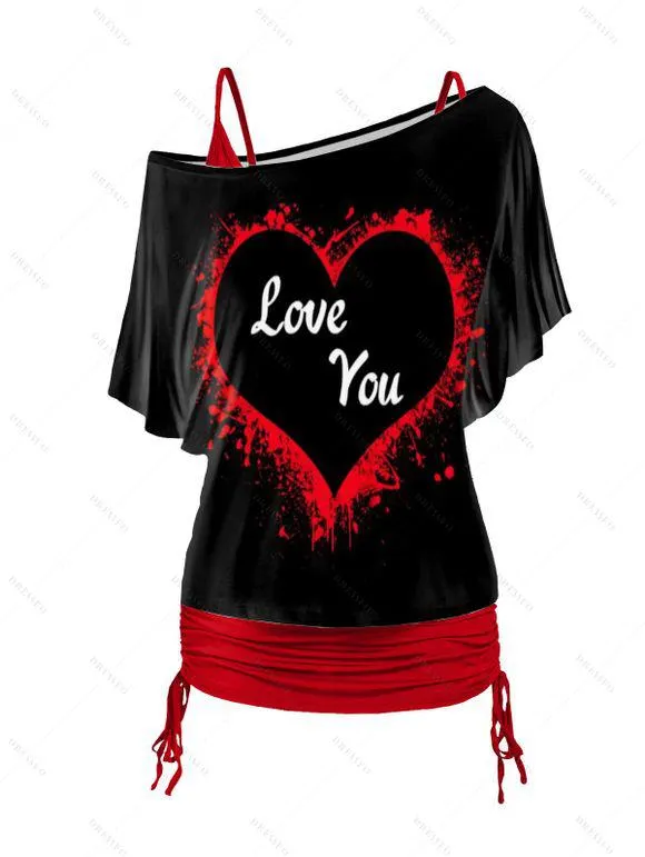 Ensemble de T-shirt Lettre Cœur Imprimés à Epaule Dénudée et de T-shirt Saint-Valentin Deux Pièces à Bretelle Fine