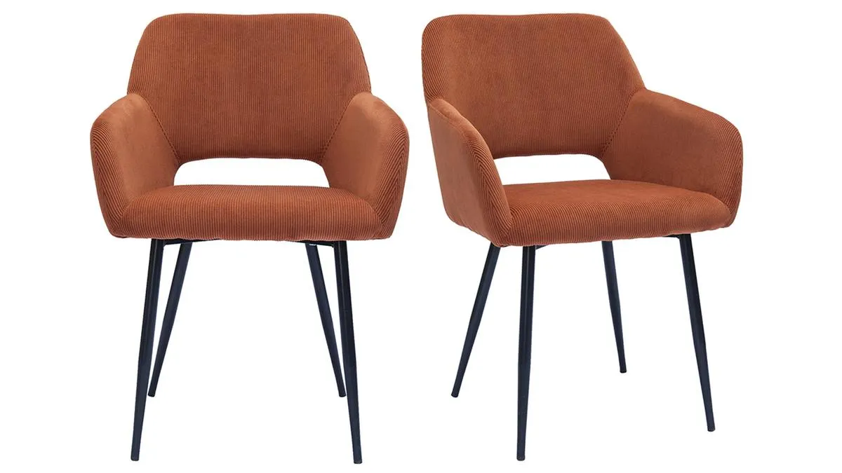 Chaises en tissu velours côtelé terre brûlée et métal noir (lot de 2) LAURETTE