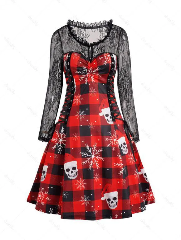 Mini Robe en Dentelle Transparente à Carreaux Imprimé Crâne et Flocon de Neige
