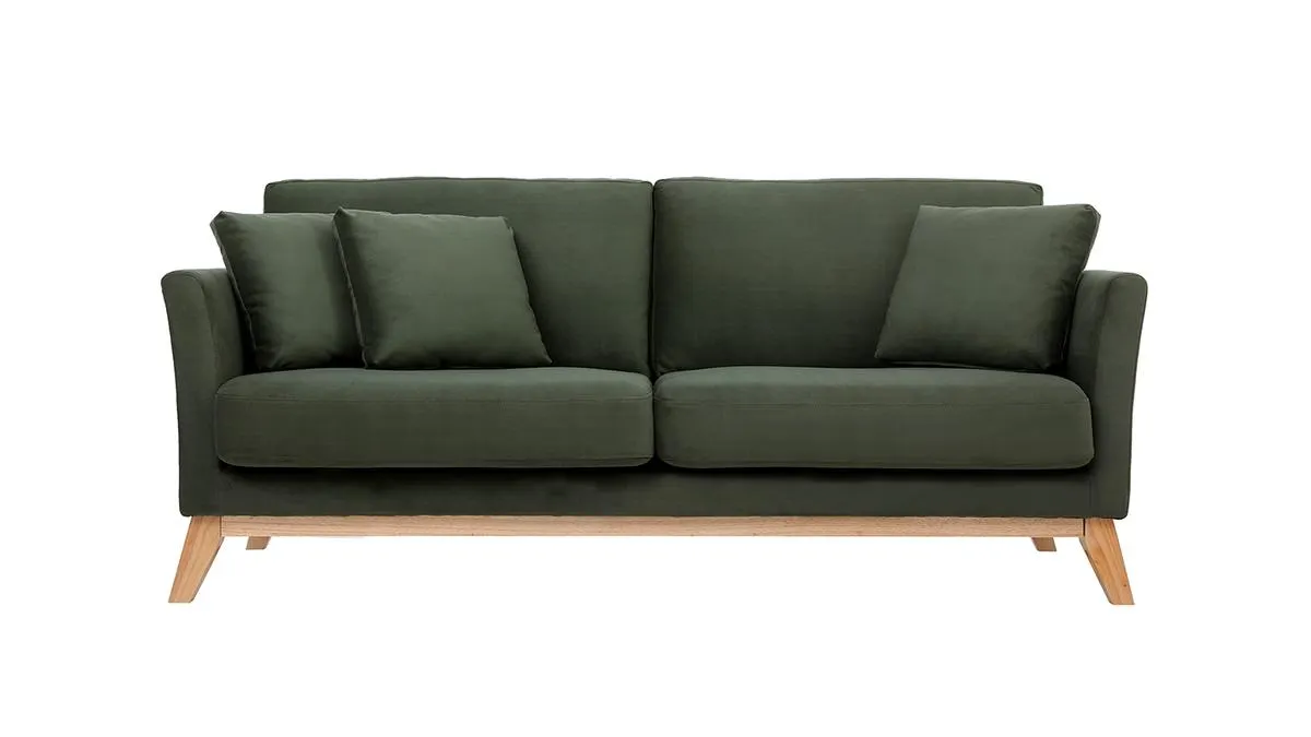 Canapé scandinave déhoussable 3 places en tissu effet velours vert kaki et bois clair OSLO