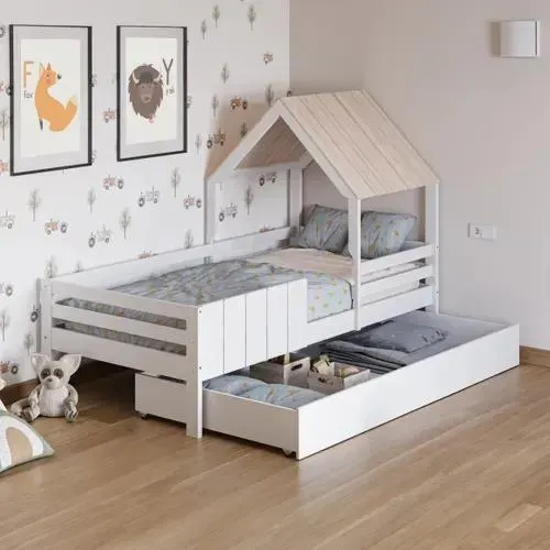 Lit cabane 90x190 cm NADIA avec un tiroir blanc et bois naturel