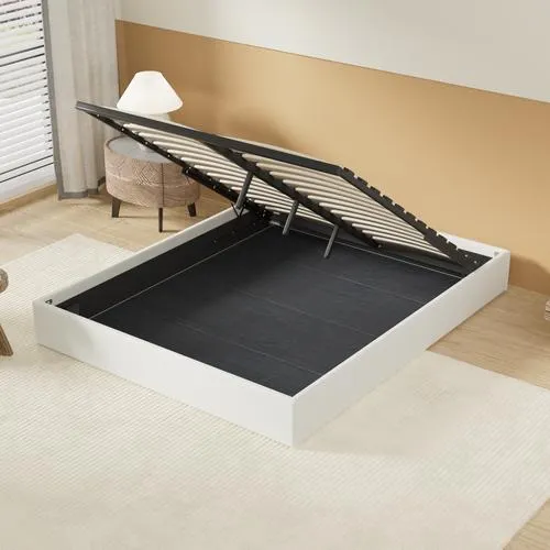 NOVEMBER SLEEP Lit Coffre 140 x 190 cm, Sommier à lattes en bois, Cadre en tissu blanc