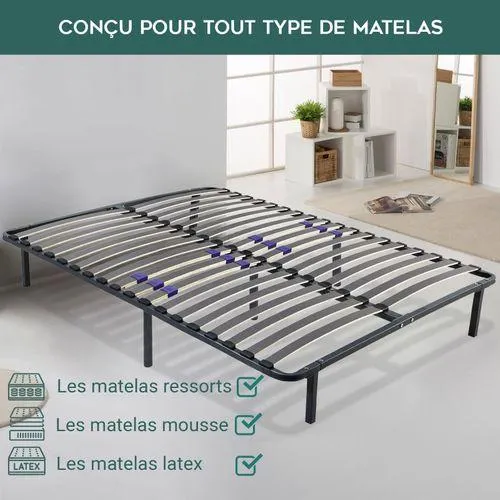 SAMPUR Sommier 140x190 Cm Confortflex - Cadre à Lattes Effet Carbone Réglables - 7 Pieds Inclus