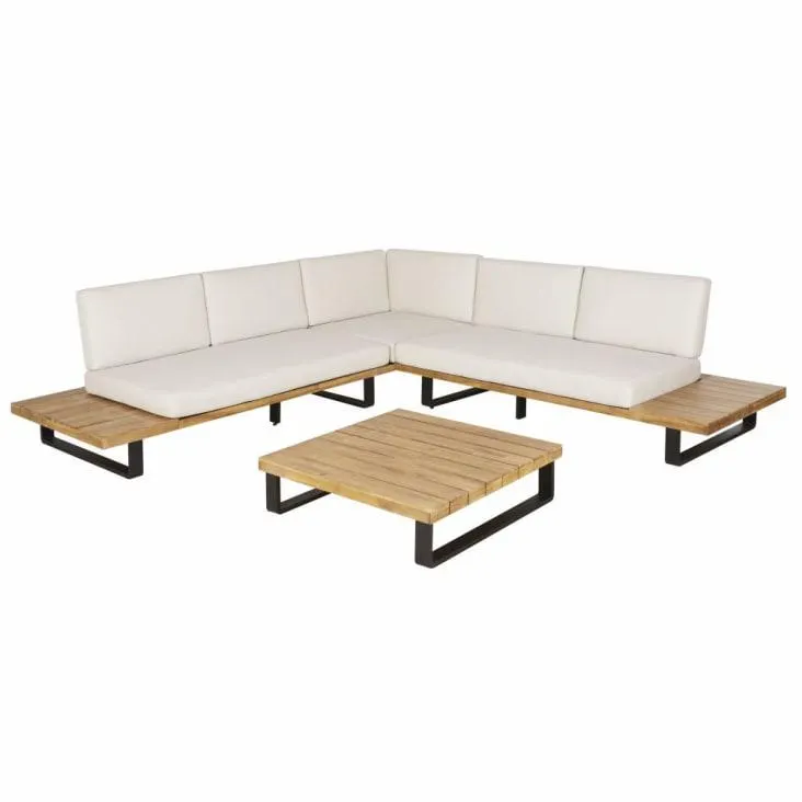 Salón de jardín de 4/5 plazas en aluminio y madera de acacia maciza con cojines color crudo