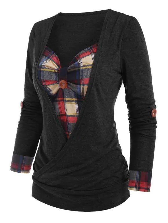 T-shirt Superposé à Carreaux Inséré à Manches Roulées Style Corset