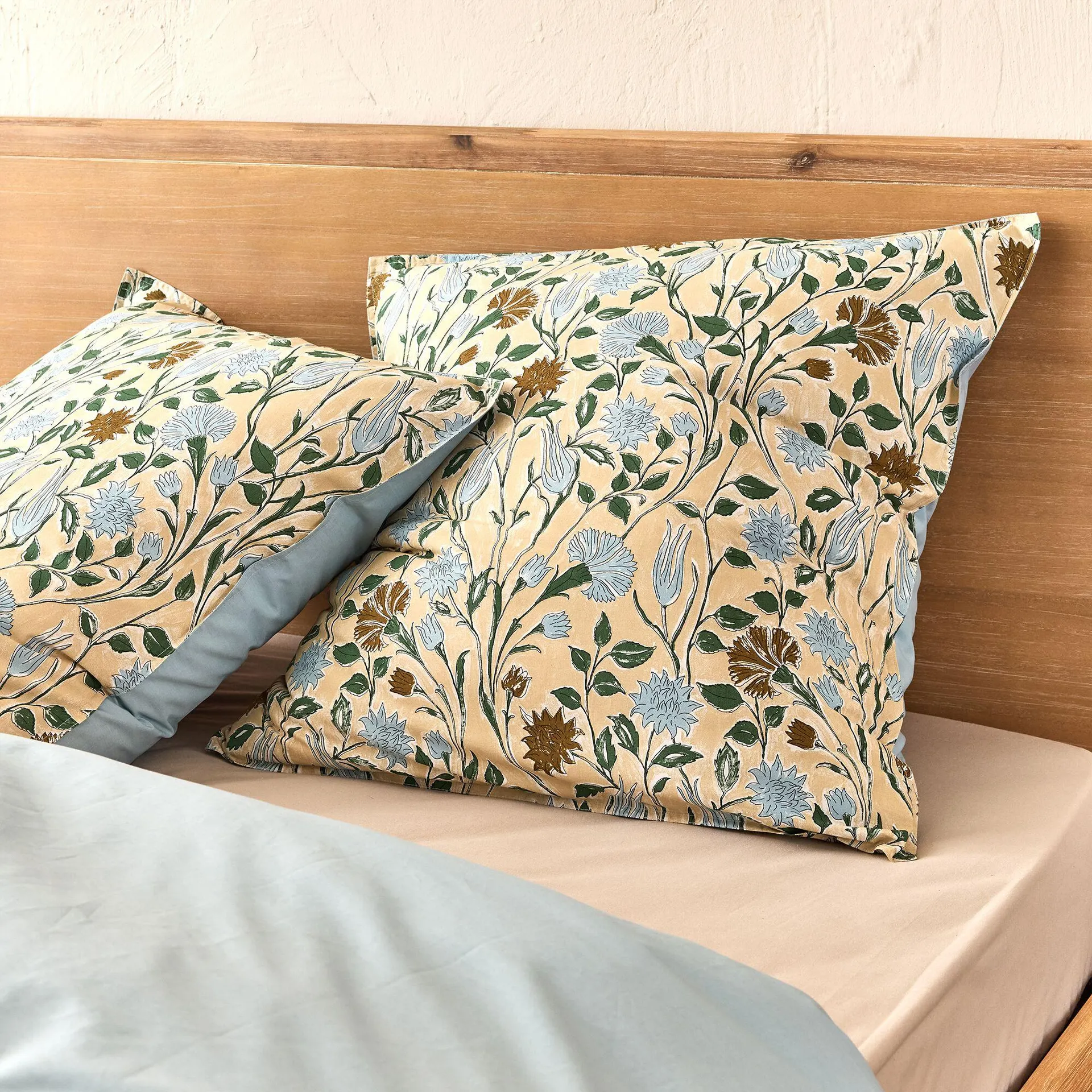 Housse de couette 240x220cm et 2 taies d'oreiller 63x63cm en percale de coton motif floral - bleu