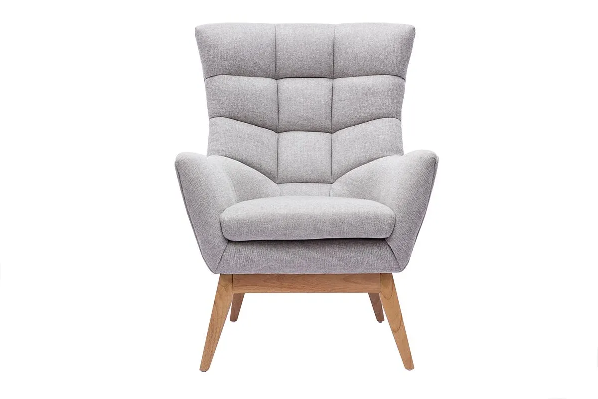 Fauteuil scandinave en tissu effet velours texturé gris clair et bois clair BRODY