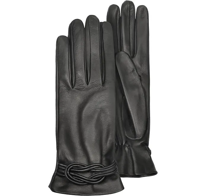 Gants femme en cuir noir avec nœud