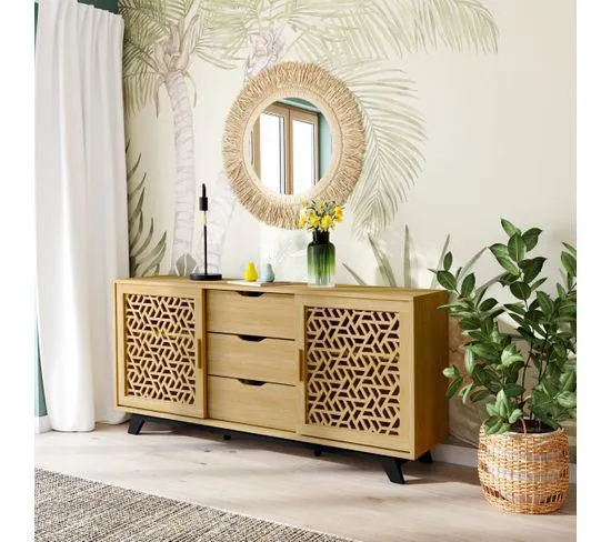 Buffet 2 portes 3 tiroirs LOUXOR Imitation chêne et noir