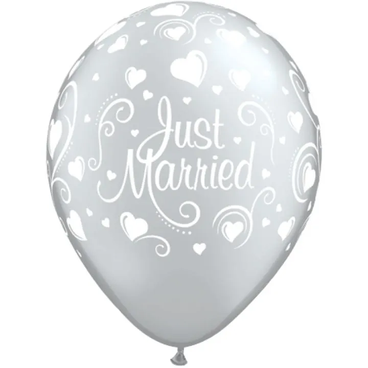 Lot de 6 ballons Just Married Cœurs Argent 27,5 cm