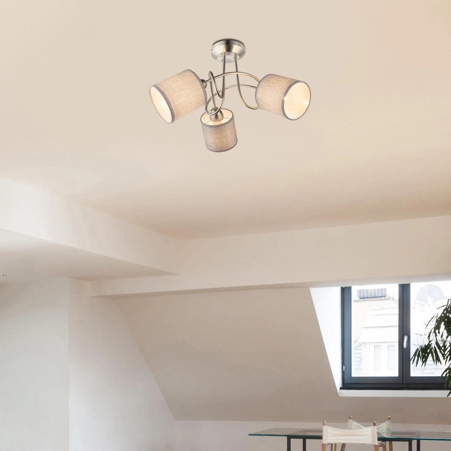 Plafonnier 3 lumières PACO argenté en métal et tissu gris
