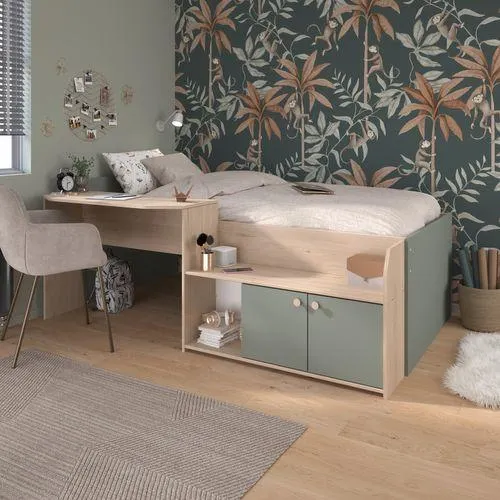 Lit 90x190/200 cm JADE vert et imitation chêne