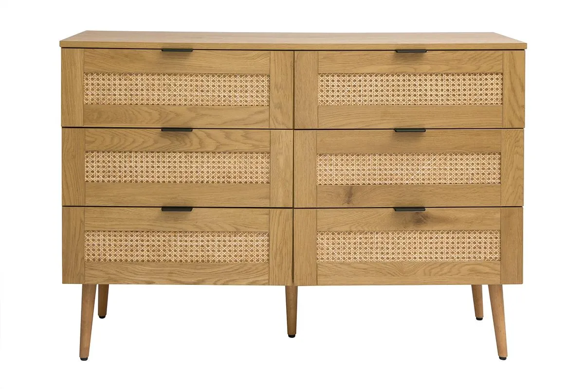 Commode finition bois clair, cannage en rotin et métal noir 3 tiroirs L120 cm MANILLE