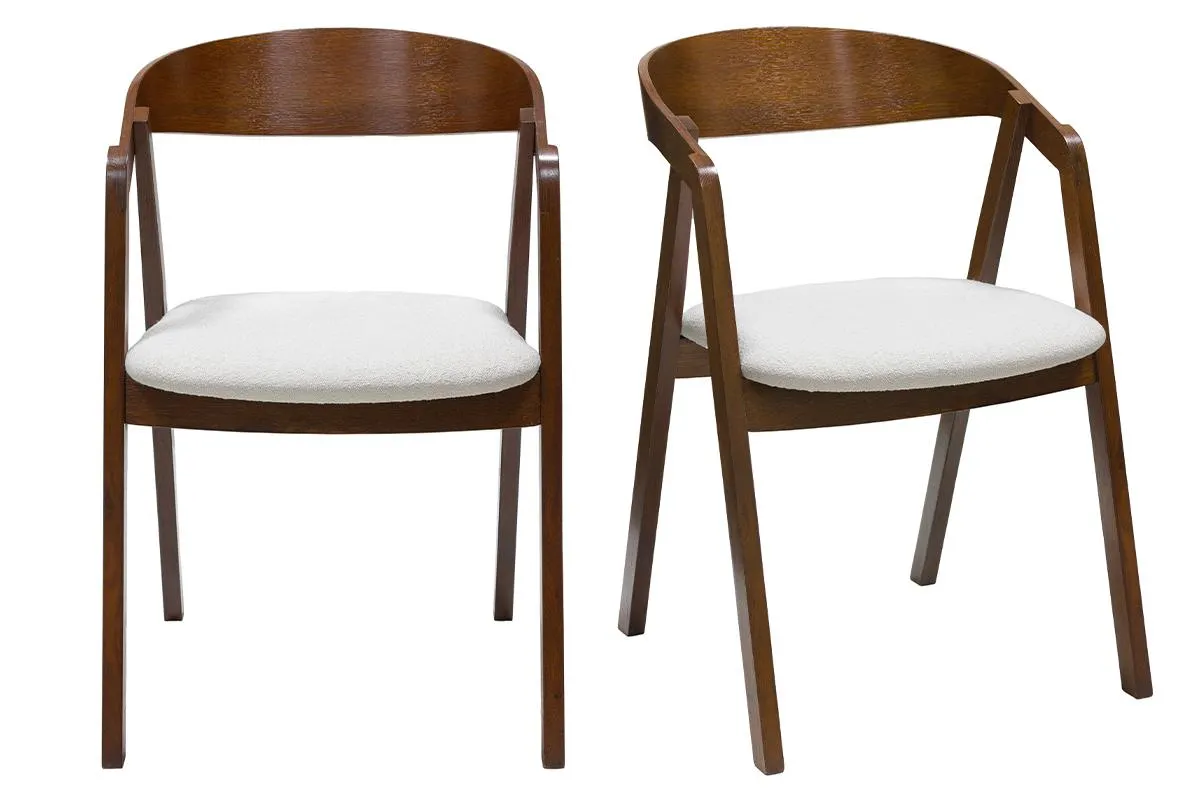 Chaises vintage empilables en bois teinté noyer et tissu effet laine bouclée blanc (lot de 2) LOVA