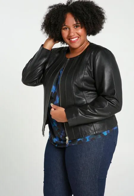 Veste courte unie en cuir avec fermeture éclair