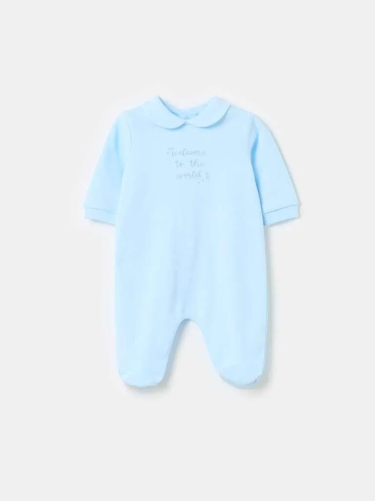 Organic cotton onesie with feet and embroidery Bleu clair